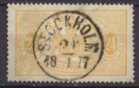 Швеция 1874 г. • Mi# D8 • 24 o. • 1-й выпуск (перф: 14) • официальная почта • гаш. - Стокгольм(1877) • Used XF ( кат.- € 18 )