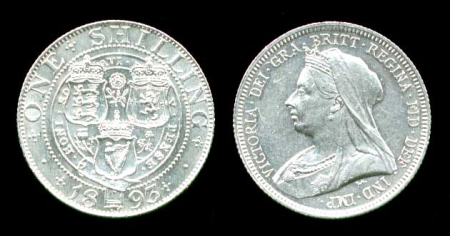 Великобритания 1893 • KM# 780 • 1 шиллинг • королева Виктория(портрет вдовы) • серебро • регулярный выпуск • MS BU ( кат. - $175 )