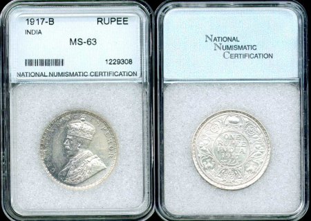 Британская Индия 1917 г. (Бомбей ) • KM# 524 • 1 рупия • Георг V • серебро • регулярный выпуск • MS-63 BU (NCC) 
