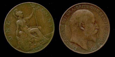 Великобритания 1908 г. • KM# 794.2 • пенни • Эдуард VII • регулярный выпуск • VF ( кат. - $5 )