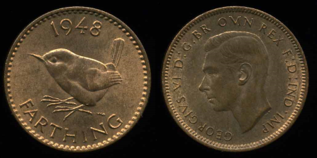 Великобритания 1948 г. KM# 843 • 1 фартинг • воробей • регулярный выпуск • MS BU ( кат.- $6,00 )