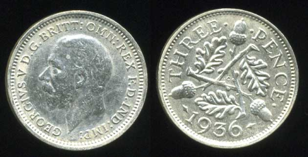 Великобритания 1936 г. • KM# 831 • 3 пенса • Георг V • регулярный выпуск • BU- ( кат. - $15 )