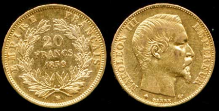 Франция 1859 г. BB(Страсбург) • KM# 781.2 • 20 франков • Наполеон III • золото • регулярный выпуск • XF