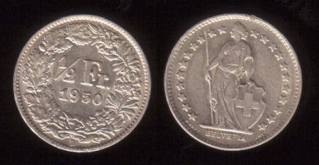 Швейцария 1950 г. B (Берн) • KM# 23 • 1/2 франка • серебро • регулярный выпуск • MS BU