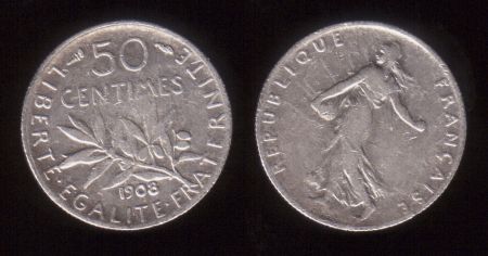 Франция 1908 г. KM# 854 • 50 сантимов • "Марианна"-сеятельница • серебро • регулярный выпуск • XF+