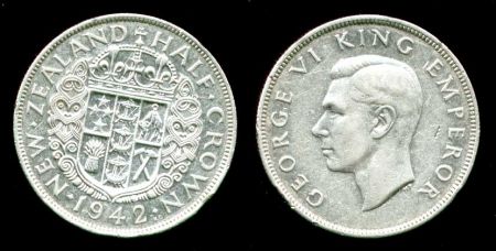 Новая Зеландия 1942 г. • KM# 11 • полкроны • Георг VI • герб доминиона • серебро • регулярный выпуск • XF- ( кат. - $30 )