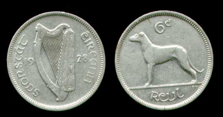 Ирландия 1928 г. • KM# 5 • 6 пенсов • ирландский вольфхаунд • регулярный выпуск(первый год) • AU+ ( кат. - $15+ )