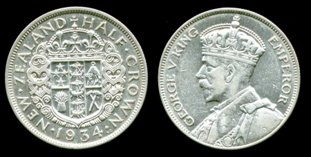Новая Зеландия 1934 г. • KM# 5 • полкроны • Георг V • герб доминиона • серебро • регулярный выпуск • XF+