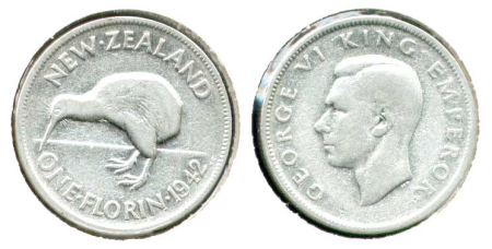 Новая Зеландия 1942 г. • KM# 10.1 • флорин • Георг VI • птица киви • серебро • регулярный выпуск • F-VF