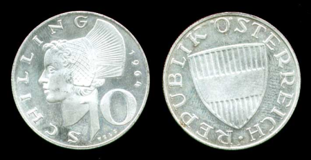 Австрия 1964 г. • KM# 2882 • 10 шиллингов • серебро • регулярный выпуск • MS BU пруф!