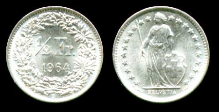 Швейцария 1964 г. B (Берн) • KM# 23 • ½ франка • серебро • регулярный выпуск • MS BU люкс!