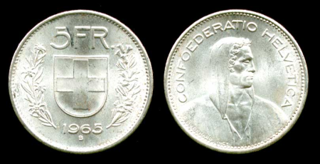 Швейцария 1965 г. B. (Берн) • KM# 40 • 5 франков • серебро • регулярный выпуск • MS BU Люкс!