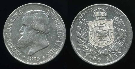 Бразилия 1889 г. • KM# 485 • 2000 рейс • Педро II • серебро • регулярный выпуск • XF-AU