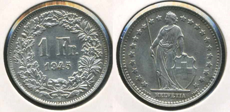 Швейцария 1945 г. B (Берн) • KM# 24 • 1 франк • серебро • регулярный выпуск • BU-