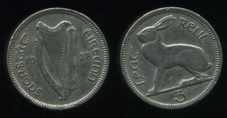 Ирландия 1928 г. • KM# 4 • 3 пенса • арфа • заяц • регулярный выпуск(первый год) • XF - AU