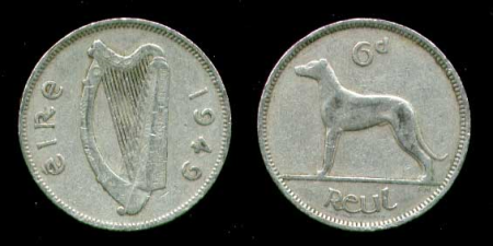 Ирландия 1949 г. • KM# 13a • 6 пенсов • ирландский вольфхаунд • регулярный выпуск • XF