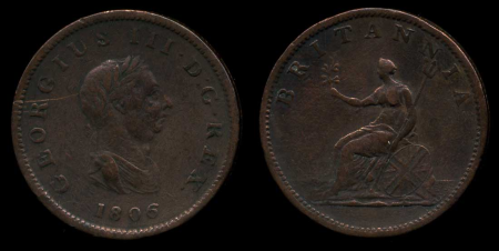 Великобритания 1806 г. • KM# 662 • полпенни • Георг III • регулярный выпуск • VF+ ( кат. - $30+ )