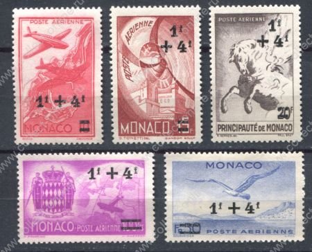 Монако 1945 г. • Mi# 297-301(Sc# CB1-5) • надпечатки нов. номиналов • авиапочта • полн. серия • MNG VF