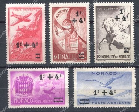 Монако 1945 г. • Mi# 297-301(Sc# CB1-5) • надпечатки нов. номиналов • авиапочта • полн. серия • MH OG VF