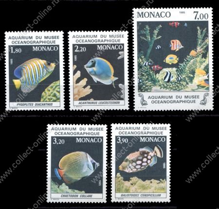 Монако 1985 г. • SC# 1481-1485 • 1.80 - 7.00 fr. • Экзотические рыбы • полн. серия • MNH OG VF ( кат.- $ 12 )
