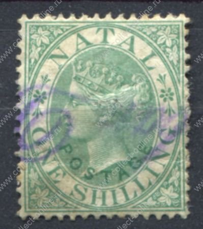 Наталь 1870 г. • Gb# 59 • 1 sh. • Королева Виктория • надпечатка "Postage" • стандарт • Used VF ( кат.- £ 12 )