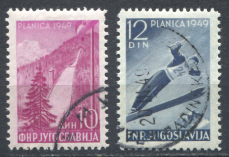 Югославия 1949 г. • SC# 260-1 • 10-12 D. • Прыжки на лыжах с трамплина • полн. серия • Used(ФГ) XF