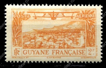 Французская Гвиана 1933 г. • Iv# A14 • 2 fr. • аэроплан над городом • авиапочта • MNH OG VF