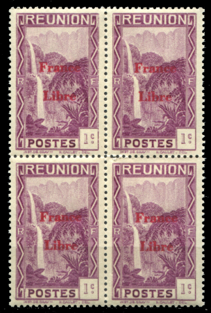 Реюньон 1943 г. • Iv# 218 • 1 c. • надпечатка "Свободная Франция" • водопад • кв. блок • MNH OG XF ( кат.- € 6+ )