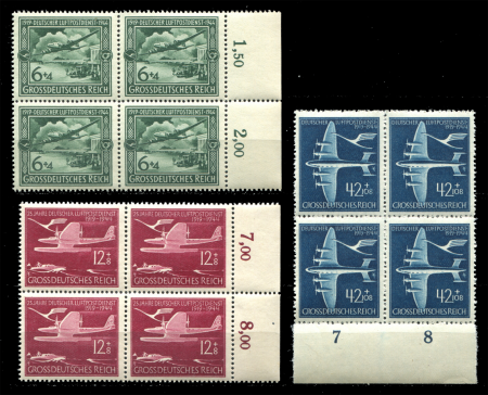 Германия 3-й рейх 1944 г. • Mi# 866-8 (SC# B252A-C ) • 25-летие немецкой авиапочты • благотворительный выпуск • полн. серия • кв. блоки • MNH OG XF+