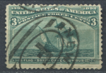 США 1893 г. • SC# 232 • 3 c. • Колумбова выставка • Флагманское судно "Санта-Мария" • Used F- ( кат. - $15 )