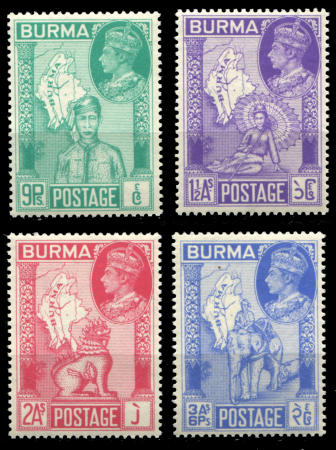 Бирма 1946 г. • Gb# 64-7 • 9 p. - 3a.6p. • выпуск Победы • воин на слоне • полн. серия • MNH OG XF