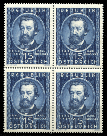 Австрия 1949 г. • MI# 947 • 1 s. • Карл Миллёкер • 50 лет со дня смерти • кв. блок • MNH OG VF ( кат. - €100+ )