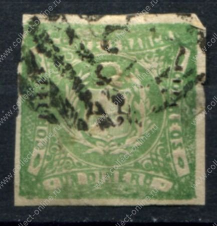 Перу 1868 г. • Sc# 14 • 1 d. • национальный герб • стандарт • Used F-VF*