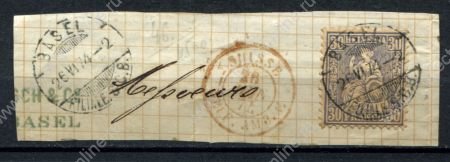 Швейцария 1867-1878 гг. • SC# 33a • 30 c. • сидящая "Швейцария" (простая бум.) • на вырезке • Used XF
