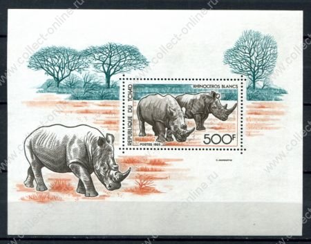 Чад 1985 г. • Mi# bl 239A • 500 fr. • Редкие животные Африки (белые носороги) • блок • MNH OG VF