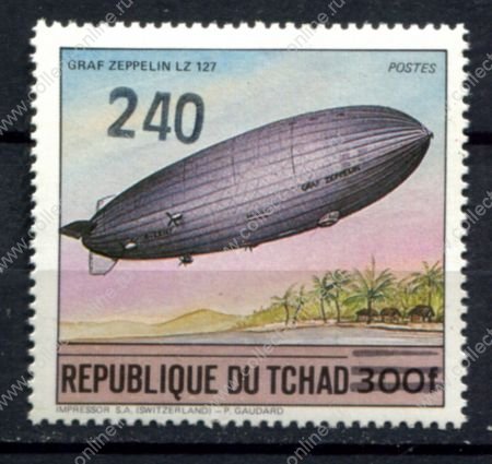 Чад 1989 г. • Iv# 506N • 240 fr. надпечатка нов. номинала • дирижабль Zeppelin 127 • MNH OG VF ®