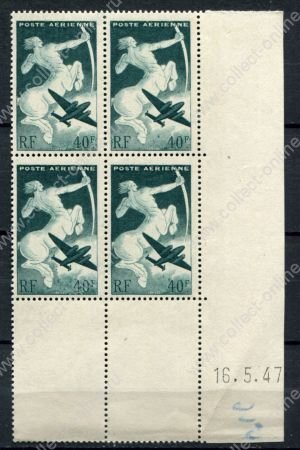 Франция 1946 г. • Mi# 748(Iv# PA 16) • 40 fr. • самолёт на фоне кентавра • авиапочта • кв. блок с датой • MNH OG XF-