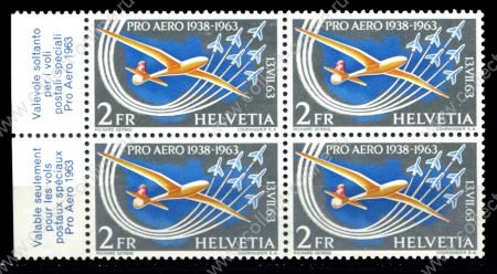 Швейцария 1963 г. • Mi# 780 • 2 fr. • 50-летие первого перелета через Альпы • авиапочта • кв. блок • MNH OG VF ( кат. - €20+ )