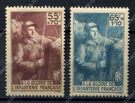 Франция 1938 г. • Iv# 386-387 • сбор на памятник французской пехоте • полн. серия • MNH OG VF (кат. - €19 )