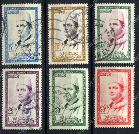 Марокко 1956-1957 гг. • Mi# 408-413 • 5 - 50 fr. • Король Мохаммед V • 6 марок • Used F-VF