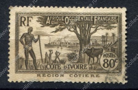 Кот-д'Ивуар 1936-1938 гг. • Iv# 122A • 80 c. • осн. выпуск • вид на порт • Used VF