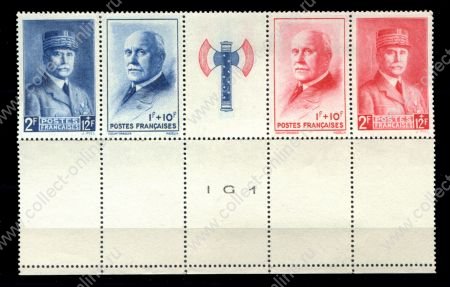 Франция 1943 г. • Mi# 581-4F • национальный фонд помощи • маршалы Анри и Петен • благотворительный выпуск • полн. серия • сцепка 4 м. • MNH OG XF+ ( кат. - €14 )