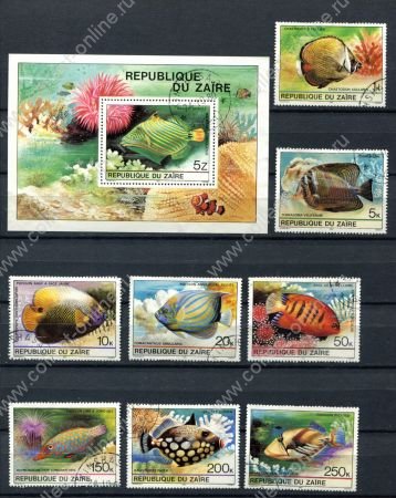 Заир 2001 г. • S# • 1 k. - 5 Z. • экзотические рыбы • полн. серия + блок • Used F-VF