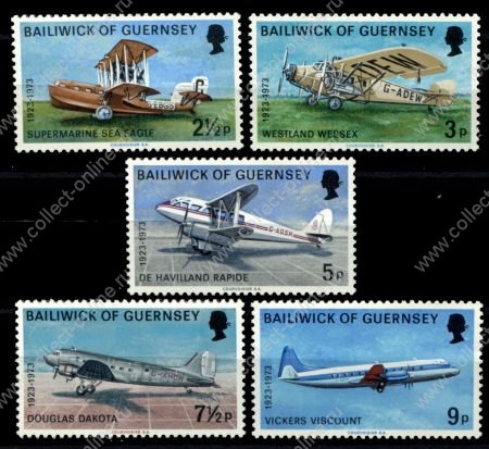 Гернси 1973 г. • Sc# 81-85 • развитие авиации, самолеты • полн. серия • MNH OG VF