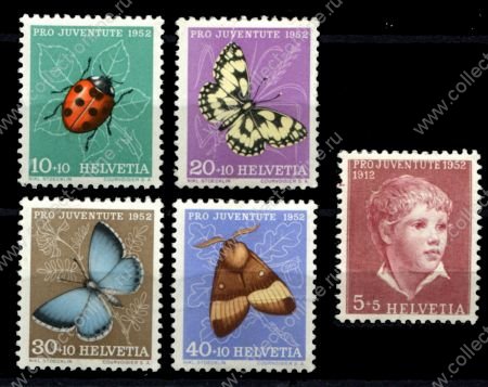 Швейцария 1952 г. • Mi# 575-579 • 5 - 40 c. • Жуки и бабочки • полн. серия • MNH OG VF ( кат. - € 12 )