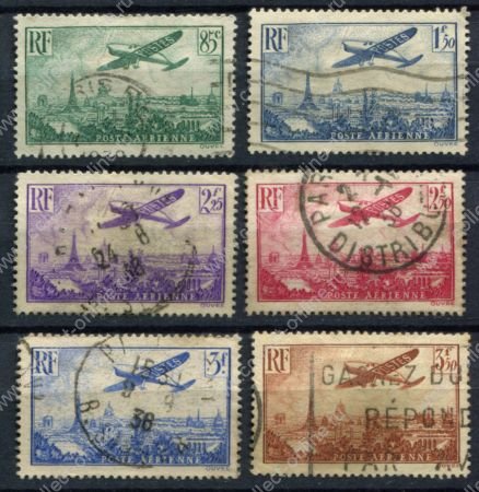 Франция 1936 г. • Mi# 305-310 • 85 c. - 3.50 fr. • самолёт над Парижем • авиапочта • Used F-VF ( кат. - €40+ )