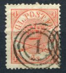 Дания 1864-1868 гг. • Sс# 13 • 4 s. • Королевская эмблема • красн. • Used VF* ( кат. - $8 )