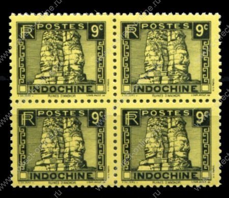 Индокитай 1941 г. • Iv# 215 • 9 c. • статуи храма Ангкор-Ват • кв. блок • MNH OG VF