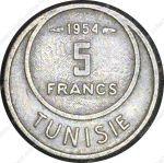 Тунис 1954 г. (AH1373) • KM# 277 • 5 франков • регулярный выпуск • XF-AU