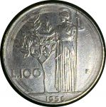Италия 1956 г. R (Рим) • KM# 96.1 • 100 лир • Церере с оливковым деревом • регулярный выпуск • XF-